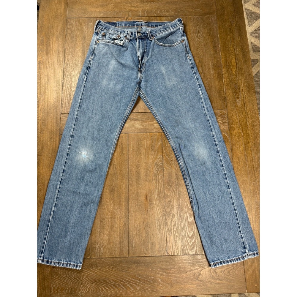 Classic Levi's 505 Distressed Men's 34x34 Light Blue Distressed Straight Leg